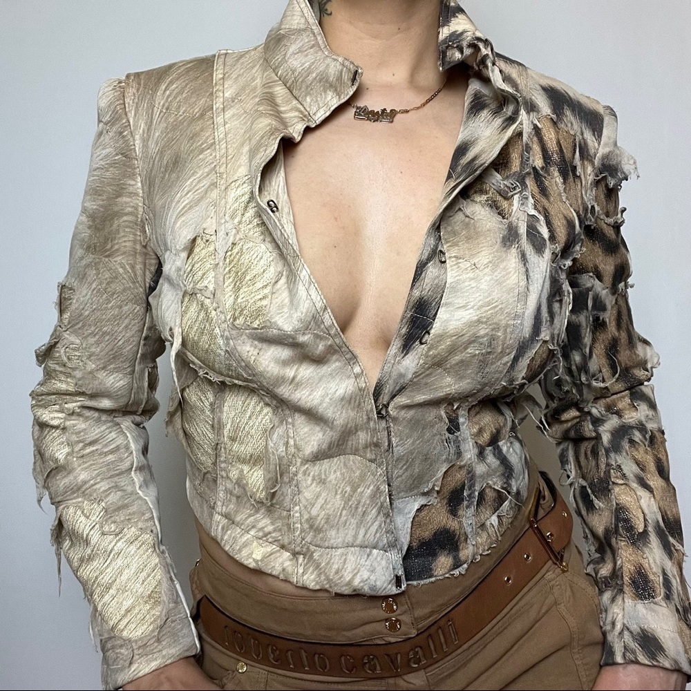SOLD Roberto Cavalli Fall/Winter 2001 Distressed Silk Leopard/Fur Print Jacket